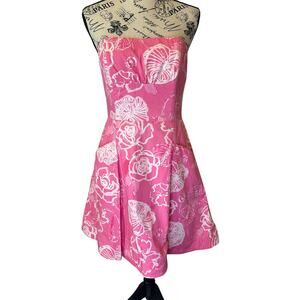 Lilly Pulitzer pink and white cotton floral print strapless party dress. Size 4